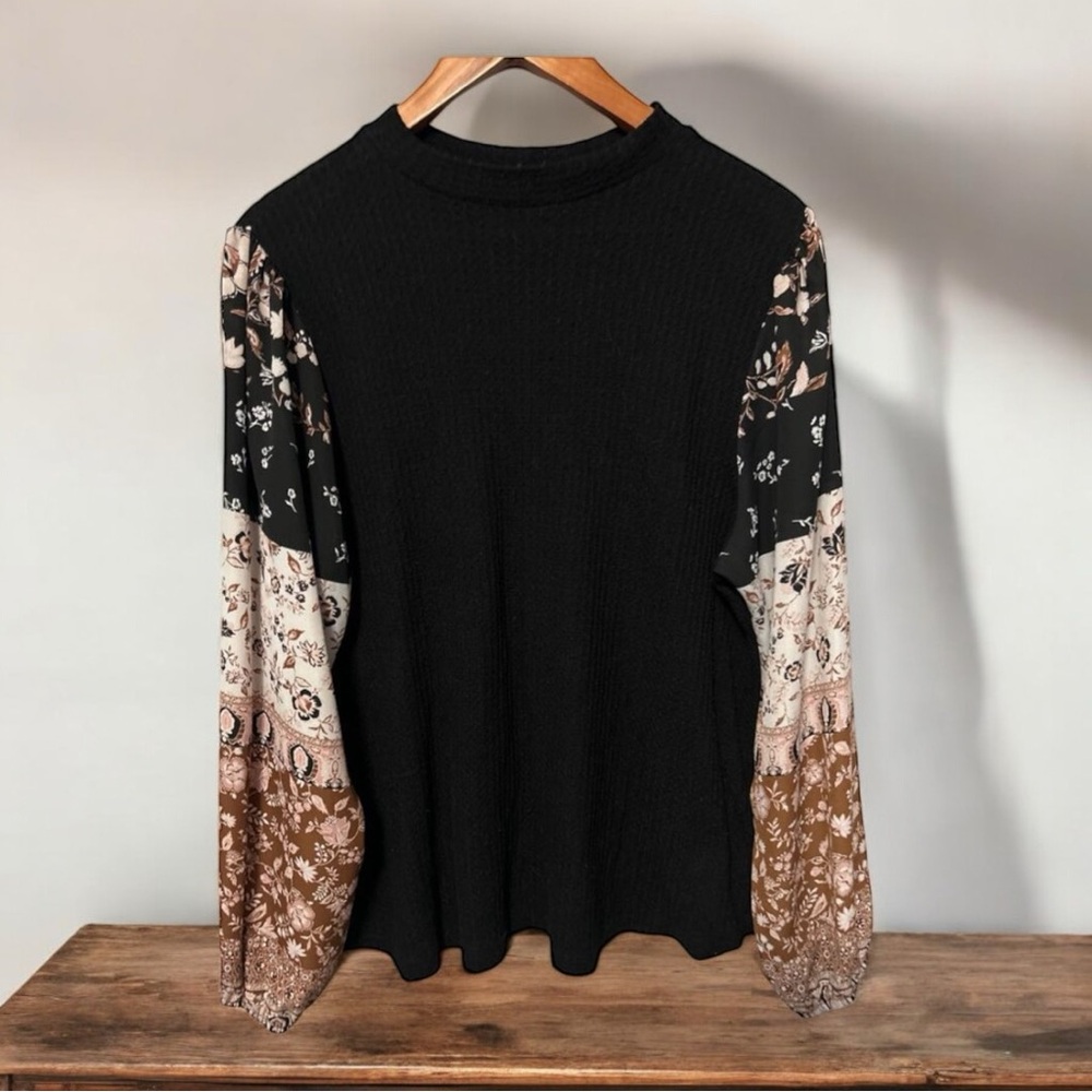 Maurices Medium Black and Floral sleeve Mock Neck Waffle Knit Top